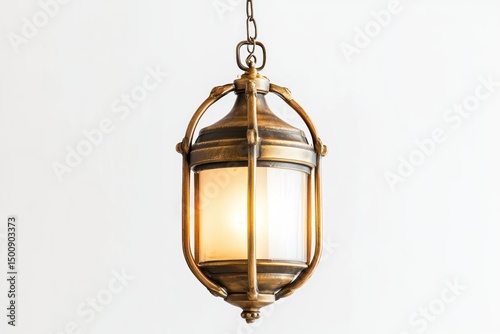 lantern-style hanging light with brass frame isolated on white background