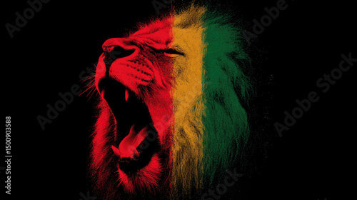 Lion's face in red, yellow, and green against a dark backdrop