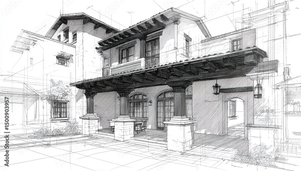 Fototapeta premium Diseño arquitectónico de casa estilo mediterráneo en blanco y negro