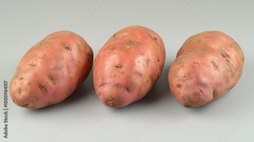 Three reddish-brown sweet potatoes on light gray background Three reddish-brown sweet potatoes on light gray background