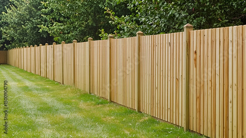 Tall wooden privacy fence on green lawn