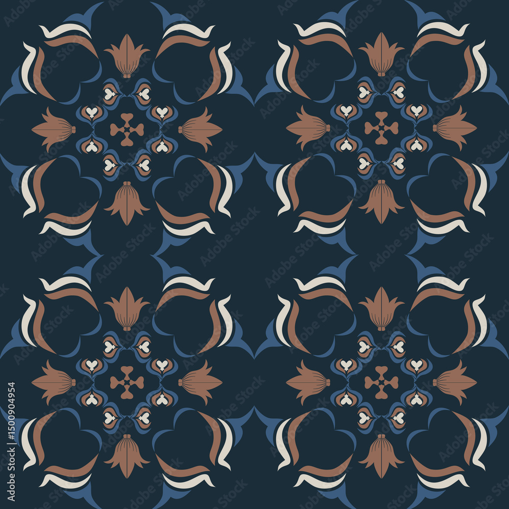 Fototapeta premium Seamless vintage damask floral tile design in blue and earthy tones, perfect for textile prints and home decor.