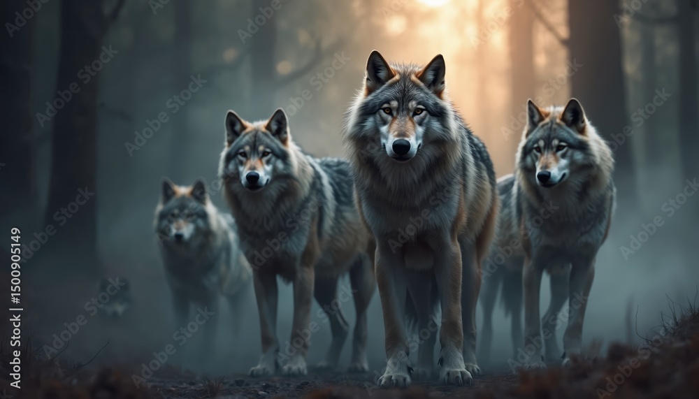 Fototapeta Majestic wolf pack in foggy forest. Mystical wildlife concept with timber wolves. Wolves stand together, strong, free in natural habitat, alpha male looking directly to viewer. Wilderness, nature,