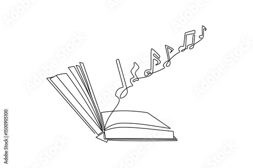 Continuous one line drawing of Musical notes out from opened book. Single line drawing illustration of Book with Musical notes. World Music Day concept vector art. Doodle line illustration.