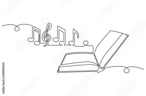 Continuous one line drawing of Musical notes out from opened book. Single line drawing illustration of Book with Musical notes. World Music Day concept vector art. Doodle line illustration.