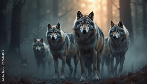Majestic wolf pack in foggy forest. Mystical wildlife concept with timber wolves. Wolves stand together, strong, free in natural habitat, alpha male looking directly to viewer. Wilderness, nature,