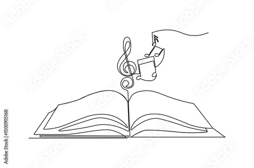 Continuous one line drawing of Musical notes out from opened book. Single line drawing illustration of Book with Musical notes. World Music Day concept vector art. Doodle line illustration.