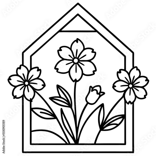 Cottagecore Flower Frame – Black Silhouette on White