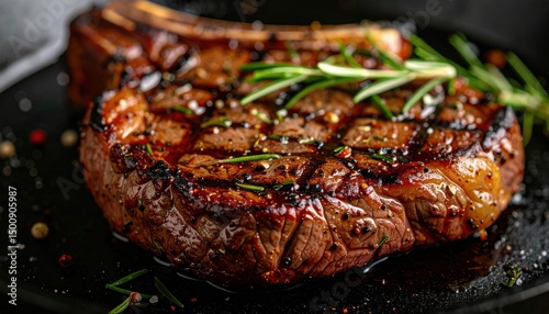Grilled ribeye steak with bone, rosemary, salt, and pepper. Beautiful char marks, dark backdrop