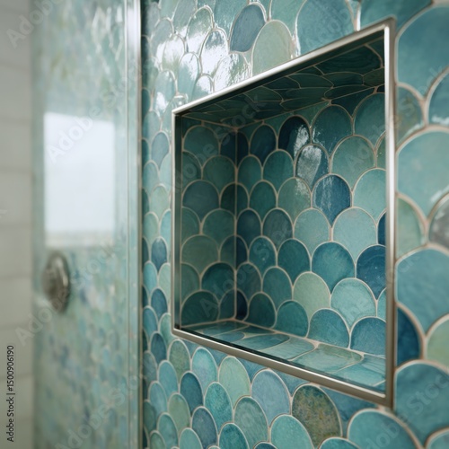 Blue scale tiles in shower feature recessed shelf © Fiva
