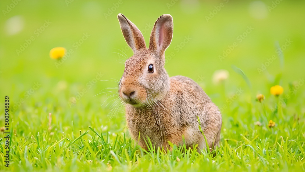 A cute brown rabbit sits alert on lush green grass dotted with yellow flowers. Up-close springtime wildlife and animal photography.