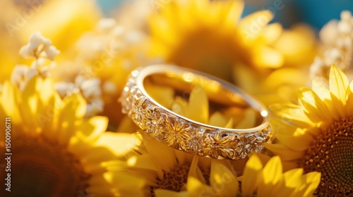Gold floral ring among sunflowers close up photography