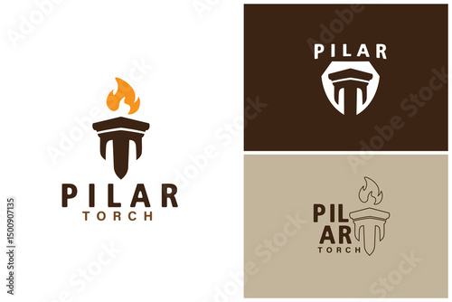 Simple  Pillar logo with Torch symbol, Historic column pillar vector design template illustration