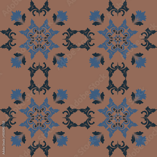 Seamless vintage damask floral tile design in blue and earthy tones, perfect for textile prints and home decor.