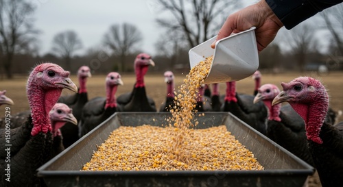Feeding Time: Hand Pouring Grain to a Flock of Turkeys on a Farm