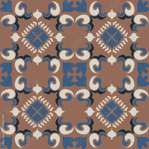 Seamless vintage damask floral tile design in blue and earthy tones, perfect for textile prints and home decor.