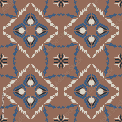 Seamless vintage damask floral tile design in blue and earthy tones, perfect for textile prints and home decor.