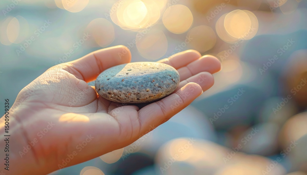 Smooth, speckled stone rests in a cupped hand, sunlight glinting off it and creating a bokeh-filled background Smooth, speckled stone rests in a cupped hand, sunlight glinting off it and creating a bokeh-filled background