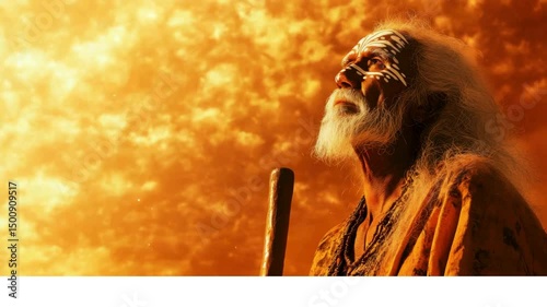 An old Aboriginal sage stands on a hill, illuminated by the golden-red tones of the evening sun, with traditional painted motifs on his face. 