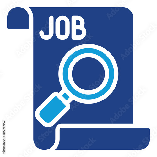 Job Search - Glyph Dual Tone Blue Fill Icon - Job listing scroll with magnifying glass, representing employment search and job hunting tools