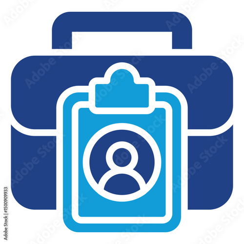 Professional Profile - Glyph Dual Tone Blue Fill Icon - Briefcase with clipboard and profile icon, representing employee identity, portfolio, or work credentials