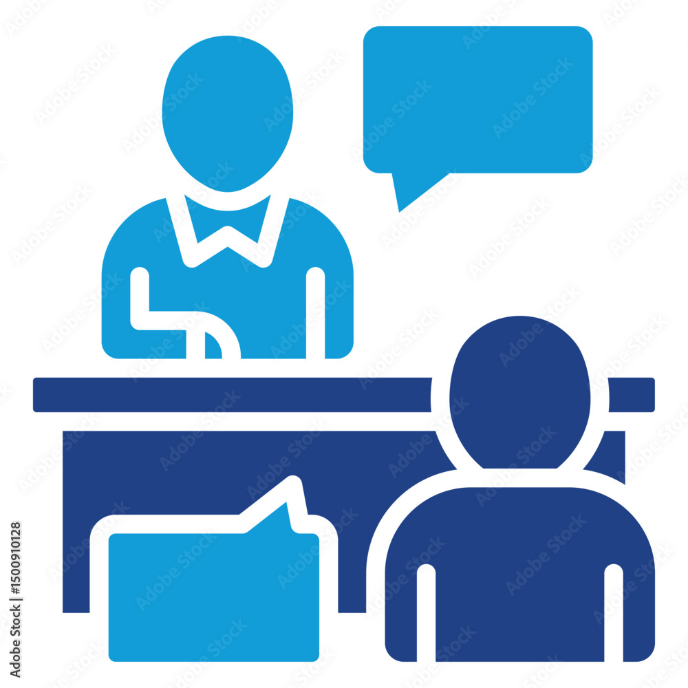 Career Counseling - Glyph Dual Tone Blue Fill Icon - Two people talking at a desk with speech bubbles, symbolizing mentorship, career advice, or guidance Career Counseling - Glyph Dual Tone Blue Fill Icon - Two people talking at a desk with speech bubbles, symbolizing mentorship, career advice, or guidance