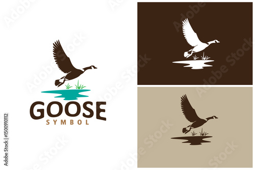 Flying Goose over the River Creek lake grass silhouette nature wildlife logo vector design