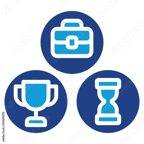 Career Components - Glyph Dual Tone Blue Fill Icon - Four career elements: briefcase, trophy, hourglass, and person, representing key job success factors