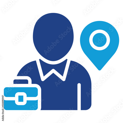 Career Location - Glyph Dual Tone Blue Fill Icon - Person with briefcase and location pin, symbolizing career placement, job site, or work destination