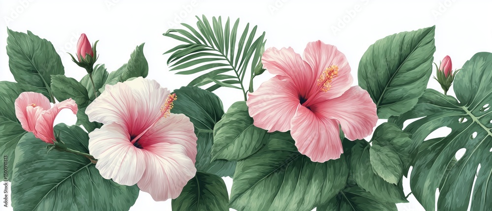 Fototapeta premium Vibrant hibiscus flowers in tropical garden botanical art nature
