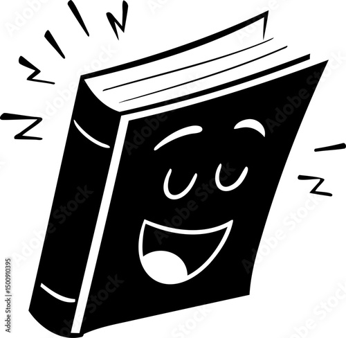 Happy cartoon book with smiling face, radiating joy and excitement