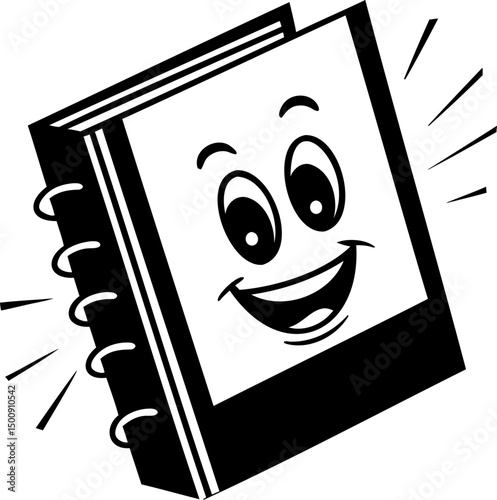 Happy cartoon notebook with smiling face and expressive eyes, perfect for school supplies