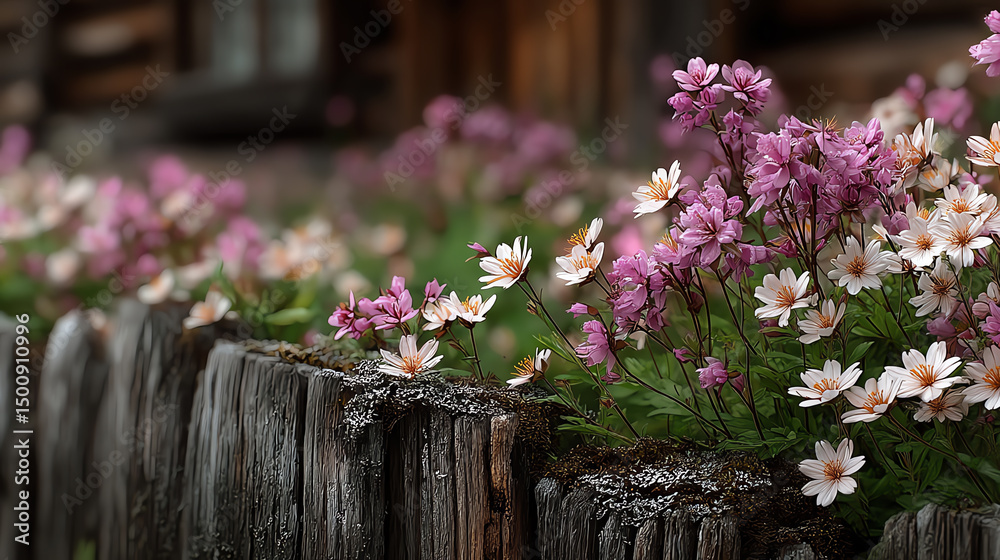 Fototapeta premium A charming display of pink and white flowers blooming alongside a rustic wooden fence, showcasing nature's beauty and tranquility.