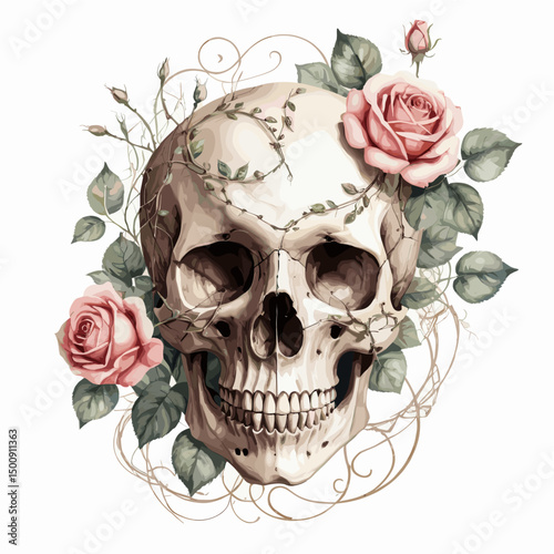 Artistic Skull with roses and Leaves on White Background - Watercolor Illustration