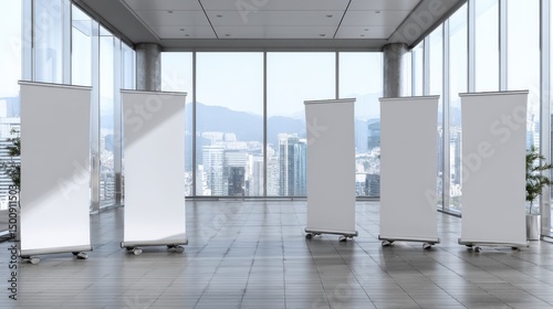 Five blank pull-up banners stand in a bright, modern hall with huge windows overlooking a cityscape