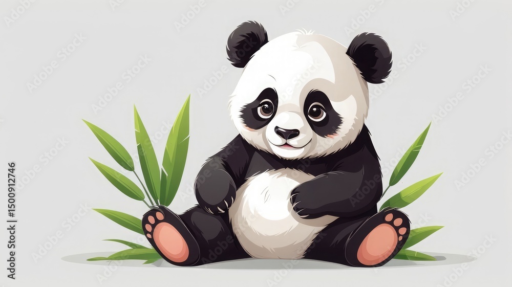 Fototapeta premium Flat Vector Cute Panda Sitting with Bamboo
