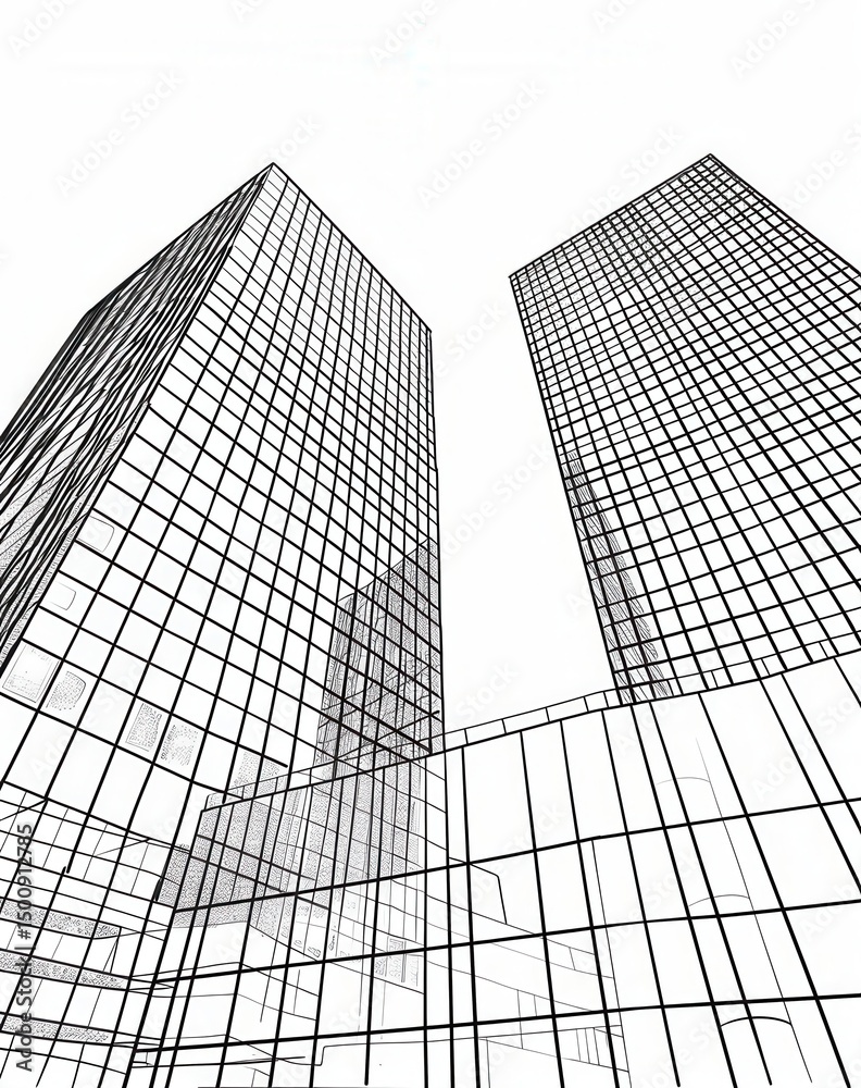 Fototapeta premium Rascacielos Modernos, Perspectiva Inferior, Dibujo Lineal