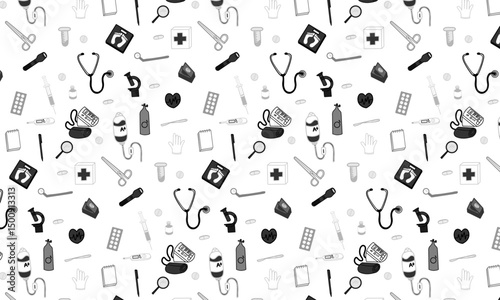 Seamless pattern of monochrome medical equipment on white background. Ideal for healthcare, packaging, textiles, and digital use.