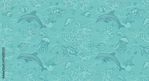 This is an artistic teal seamless pattern featuring dolphins, sea turtles, jellyfish, shells, and coral reef elements, creating an underwater marine life design.