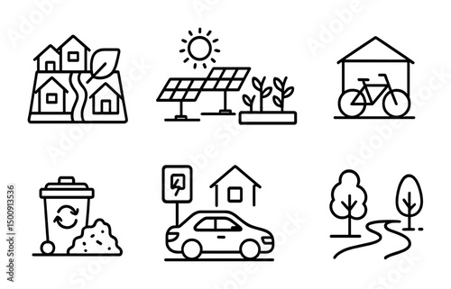 Sustainable living icons depicting eco-friendly concepts and green lifestyle elements