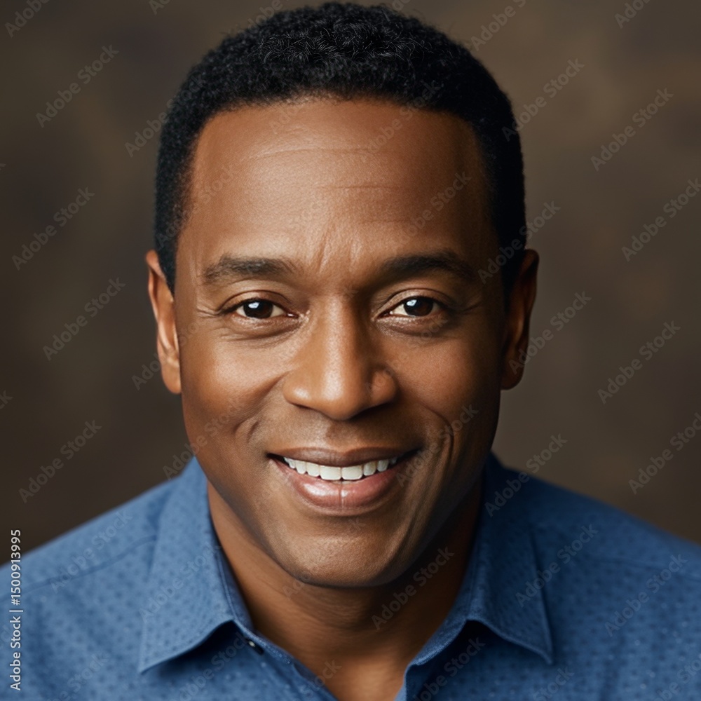 Obraz premium Photo Portrait Of A Smiling Black Man Wearing Blue Shirt With Brown Background
