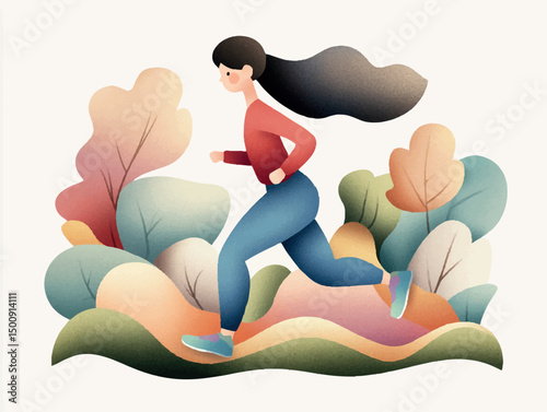 Female runner moving through stylized landscape, symbolizing personal freedom, wellness, energetic living