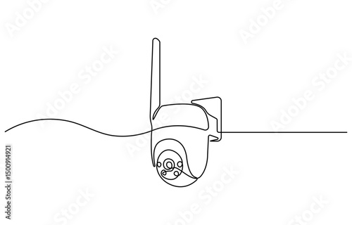 Continuous one line drawing of CCTV video camera surveillance system for monitoring security. Editable vector, One line drawing of CCTV security camera mounted on wall.