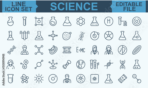 Science Line Icon Set Featuring Editable Stroke Vector Symbols for Physics, Chemistry, Biology, Laboratory Research, and Educational Concepts