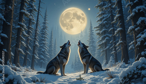 Enchanting Midnight Serenade: Two wolves howl at the moon in a snowy forest, bathed in the magical glow of the night sky. Embracing the beauty and mystery of nature's raw splendor.