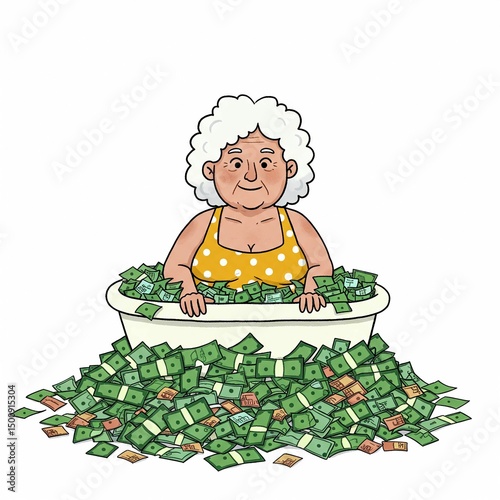 Elderly woman in bathtub of money