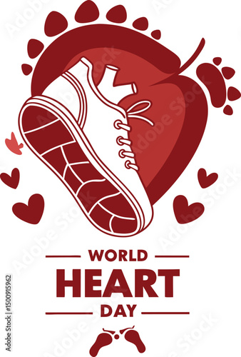 World Heart Day: Representing the concept of heart health, the image features a running shoe, a leaf, a heart, and footprints, set against a clean background. It is suitable for health campaigns.