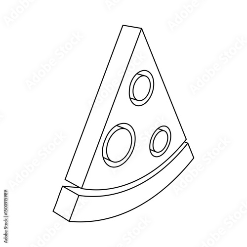 The outline of a large slice of pizza is made with black lines. 3D view of the object in perspective. Vector illustration on white background