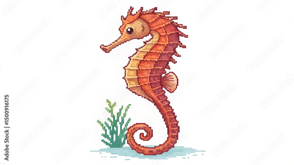 Fototapeta premium Pixel Art of a Cute Colorful Seahorse – Retro Style Marine Animal Illustration