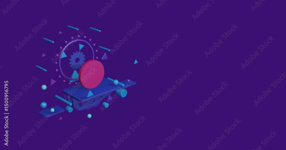 Naklejka premium Pink circle on a pedestal of abstract geometric shapes floating in the air. Abstract concept art with flying shapes on the left. 3d illustration on deep purple background